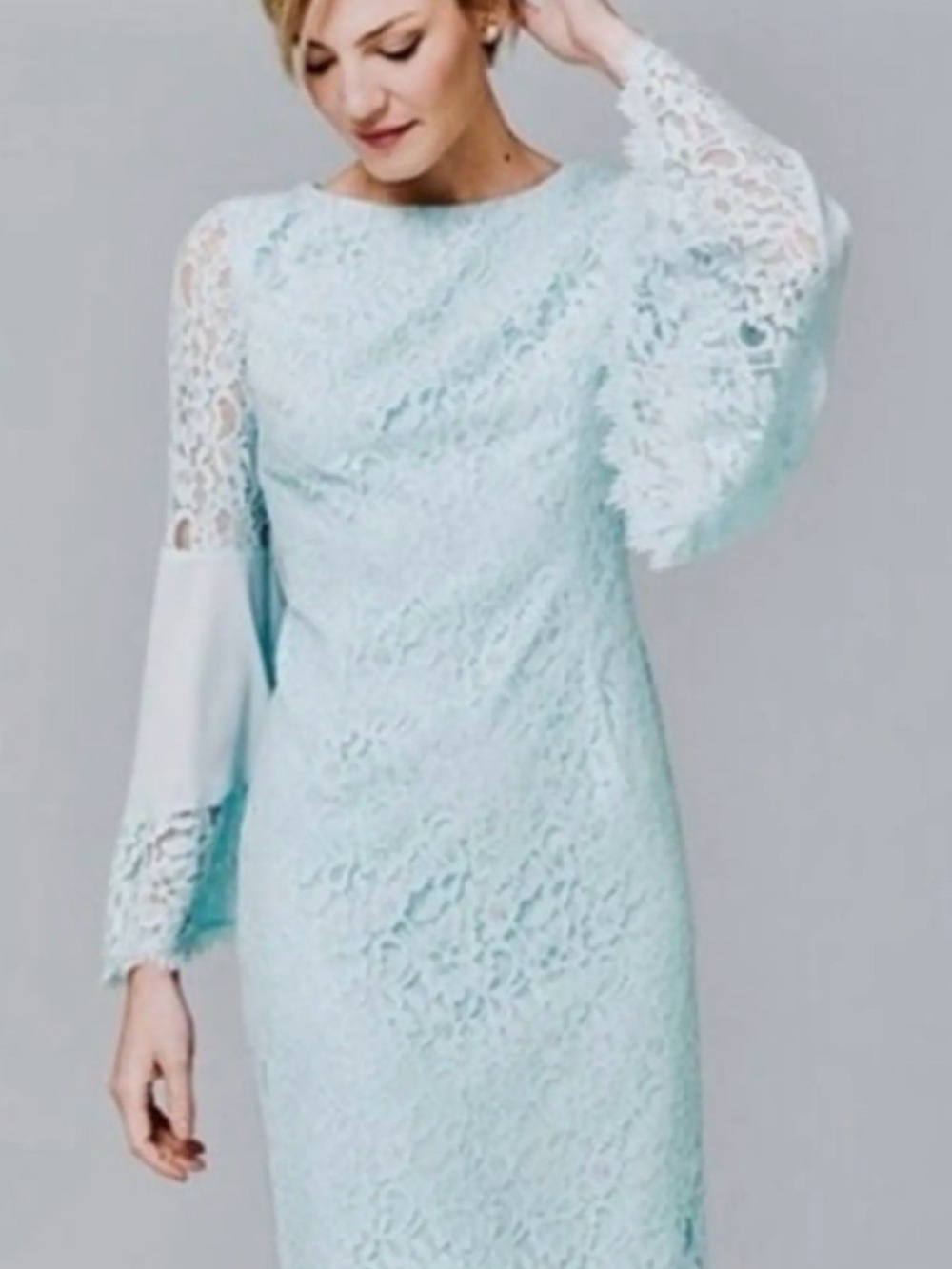 White House Black Market Light Blue Lace Bell Sleeve Sheath Dress